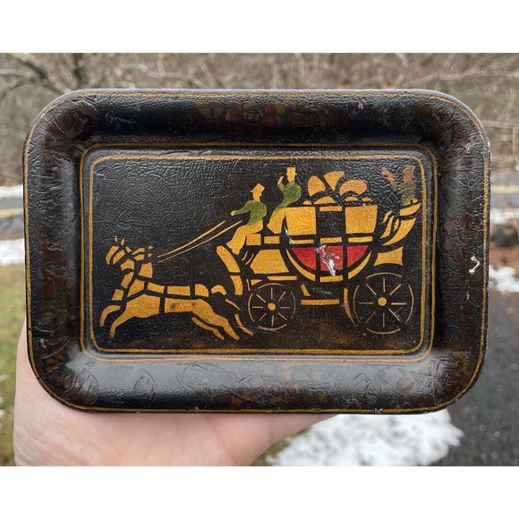 Vintage Hand Painted Toleware Rectangular Diminutive Tray Tip Snack Black Gold - Picture 7 of 16